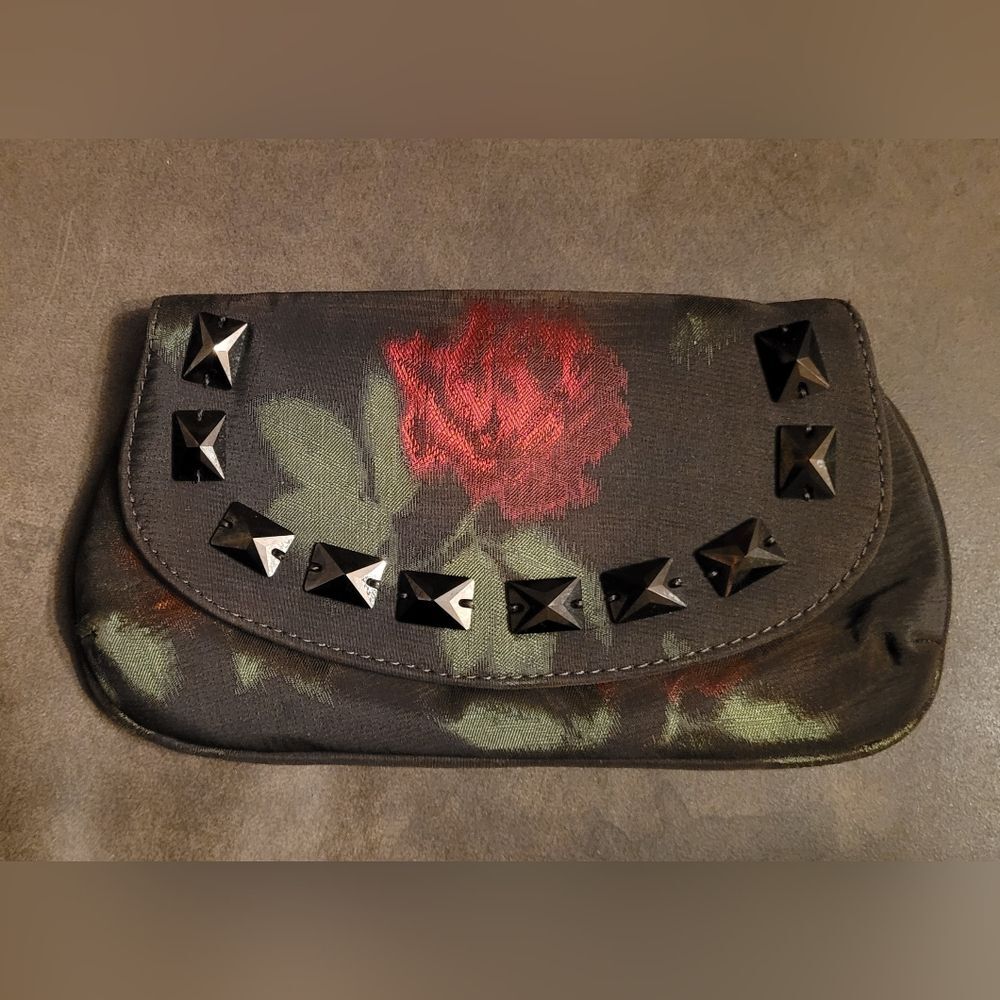 Luca Luca dark satin rose floral brocade studded envelope clutch NWOT